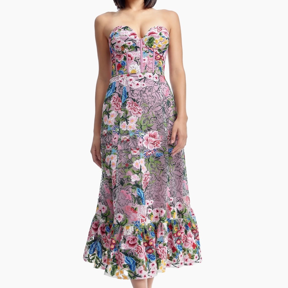 Dress the Population Carina Floral Embroidered Strapless Bustier Fit Flare Dress
